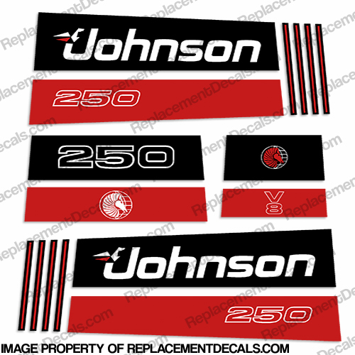 Johnson 250hp V8 Sea Horse Decals - Early 1990s 250, sea, horse, seahorse, 1990, 1991, 1992,1 993, 1994, 1995, 19996, 1997,  hp, outboard motor, tiller, engine, v8 decal, sticker, kit, set, INCR10Aug2021