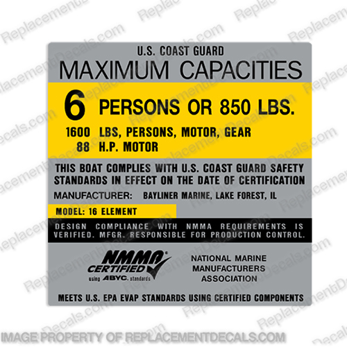 Bayliner Marine 16 Element Capacity Decal - 6 Person  capacity, decal, bayliner, marine, 16, element, 88hp, 6, person, label, plate ,sticker