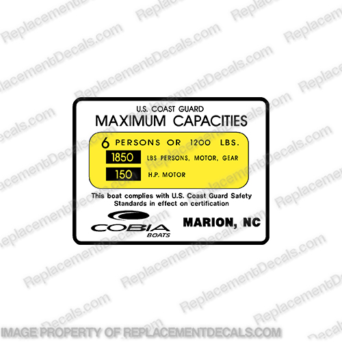 Cobia Boat Capacity Decal - 6 Person  cobia, 6, six, person, boat, logo, decal, capacity, plate, sticker, decal, regulation, coast, guard, warning, fuel, gas, diesel, safety, INCR10Aug2021