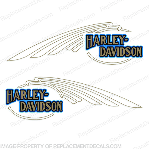 Harley-Davidson FXSTC Softail Decals Gold / Blue (Set of 2) - Fuel Tank Harley-Davidson, fxstc, Decals, silver, (Set of 2), 14471, Harley, Davidson, Harley Davidson, soft, tail, 1995, 1996, 96, softtail, soft-tail, softail, harley-davidson, Fuel, Tank, Decal, 2009, INCR10Aug2021