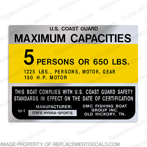 Hydra-Sports 175FS 5 Person Boat Capacity Plate Decal INCR10Aug2021
